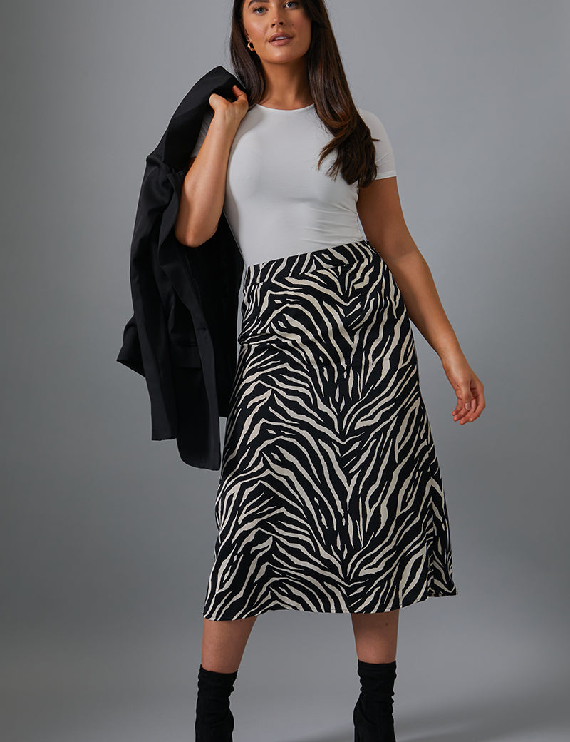 Zebra Print Satin Midi Skirt