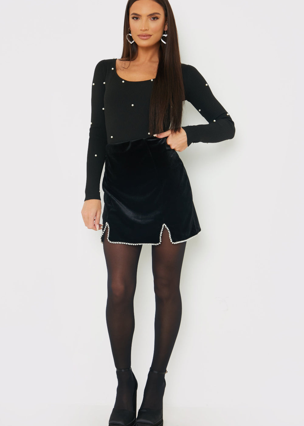 Velvet Faux Pearl Mini Skirt