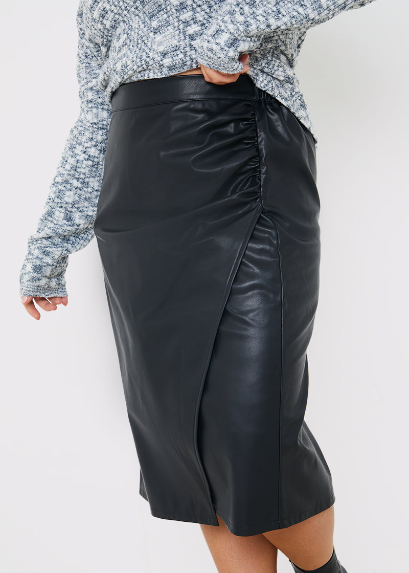 Pu Side Split Midi Skirt