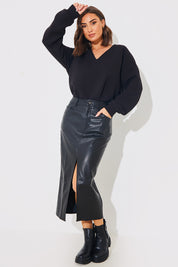 PU Split Front Midi Skirt