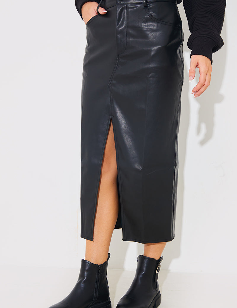 PU Split Front Midi Skirt