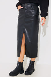 PU Split Front Midi Skirt