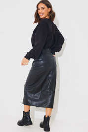 PU Split Front Midi Skirt