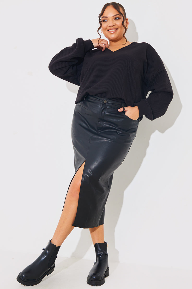 PU Split Front Midi Skirt