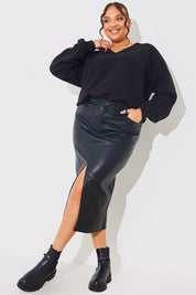 PU Split Front Midi Skirt