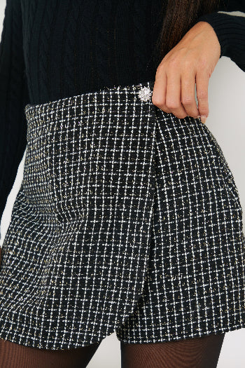 Tweed Lurex Wrap Skort With Diamante Button