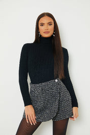 Tweed Lurex Wrap Skort With Diamante Button