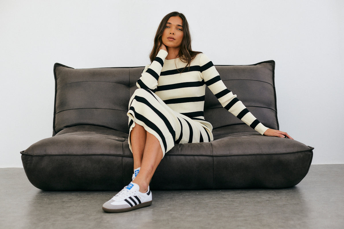 Rib Knit Stripe Long Sleeve Midaxi Dress