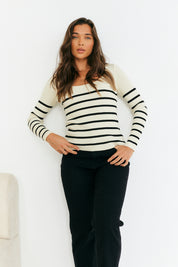 Rib Knit Stripe Scoop Neck Long Sleeve Top