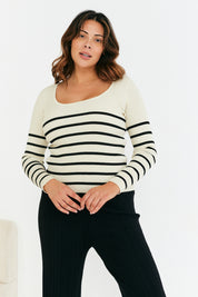 Rib Knit Stripe Scoop Neck Long Sleeve Top