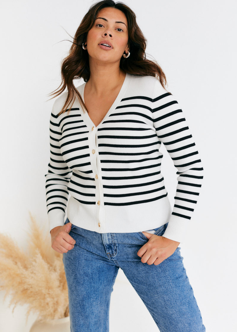 Rib Knit Button Up Stripe Cardigan