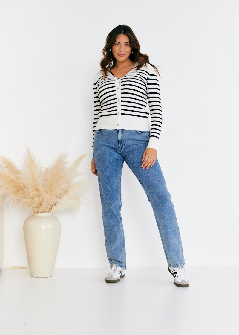 Rib Knit Button Up Stripe Cardigan