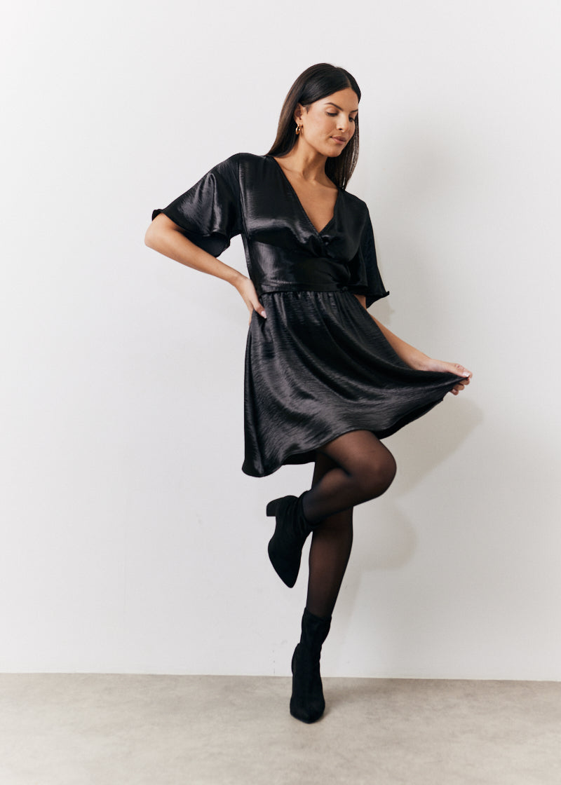 Liquid Satin Wrap Front Detail Mini Dress