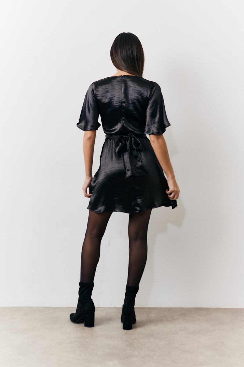 Liquid Satin Wrap Front Detail Mini Dress