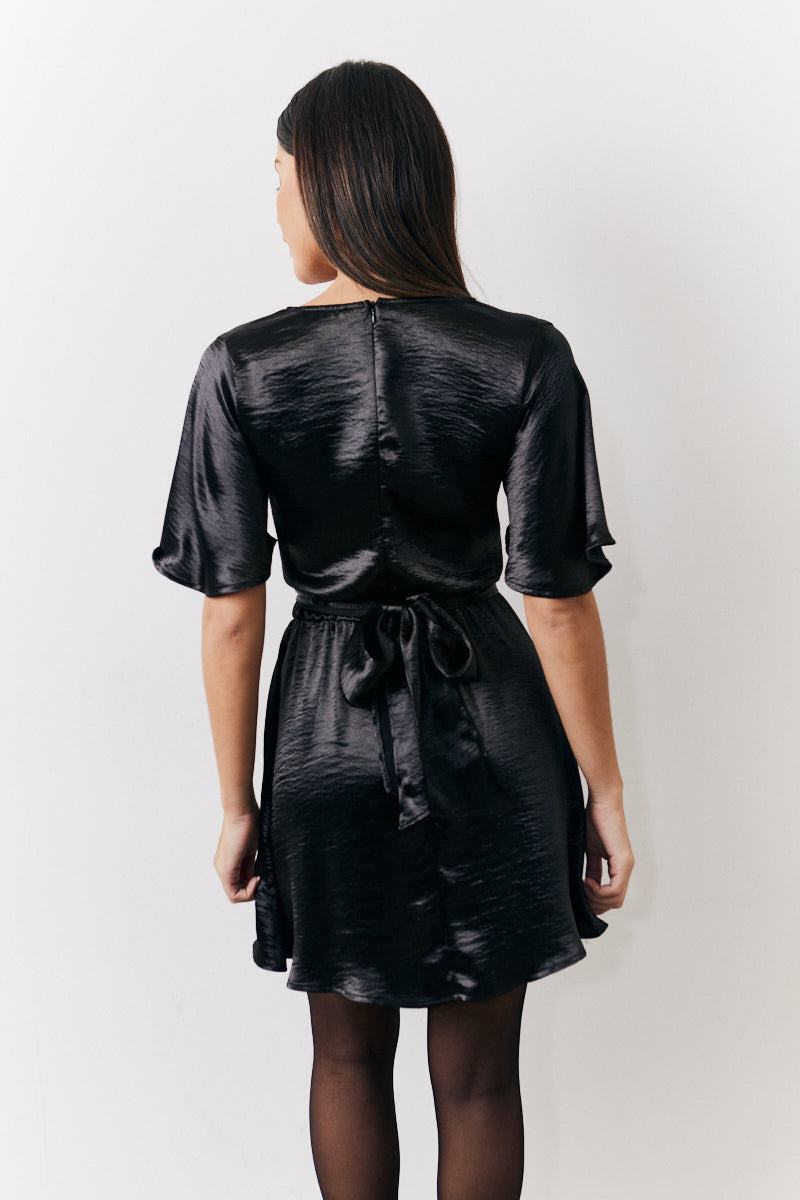 Liquid Satin Wrap Front Detail Mini Dress