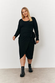 Scoop Neck Ribbed Long Sleeve Bodycon Dress With Belt Detail