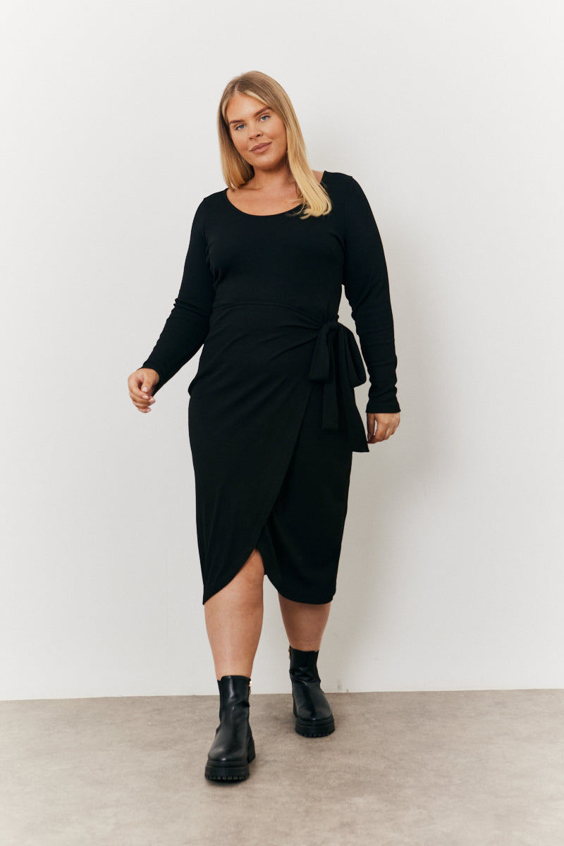 Scoop Neck Ribbed Long Sleeve Bodycon Wrap Midi Dress