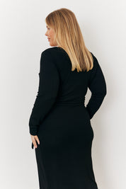 Scoop Neck Ribbed Long Sleeve Bodycon Dress With Belt Detail