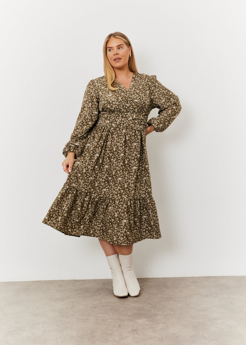 Floral Print Wrap Front Belted Balloon Sleeve Midi Dress