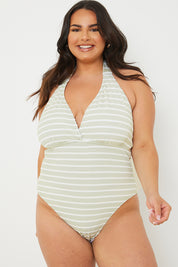Control Crinkle Stripe Halter Swimsuit with Ruched Sides