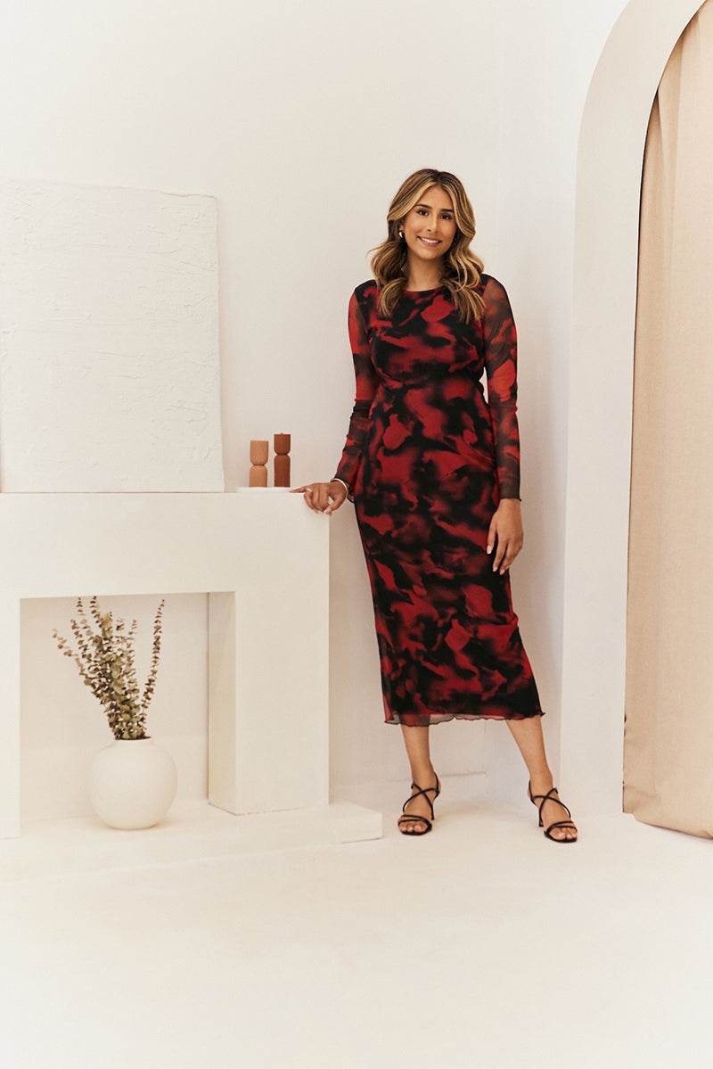 Abstract Print Mesh Open Back Detail Maxi Dress - InTheStyle