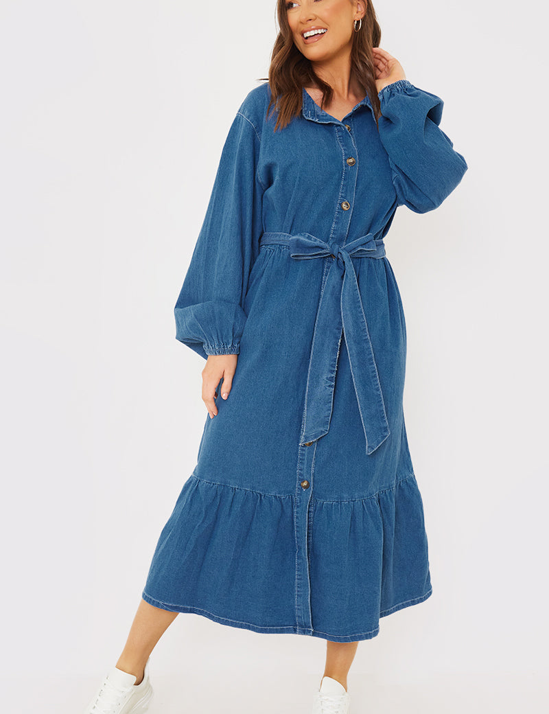 Denim Belted Tiered Midaxi Shirt Dress