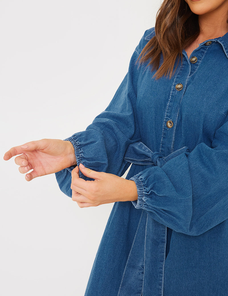 Denim Belted Tiered Midaxi Shirt Dress