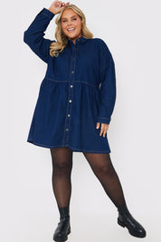 Dark Wash Denim Mini Smock Shirt Dress