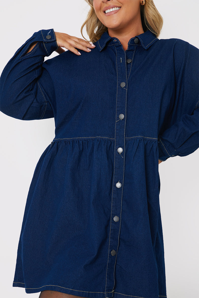 Dark Wash Denim Mini Smock Shirt Dress