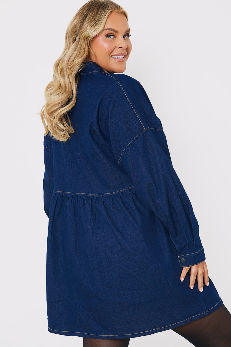Dark Wash Denim Mini Smock Shirt Dress
