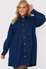 Dark Wash Denim Mini Smock Shirt Dress