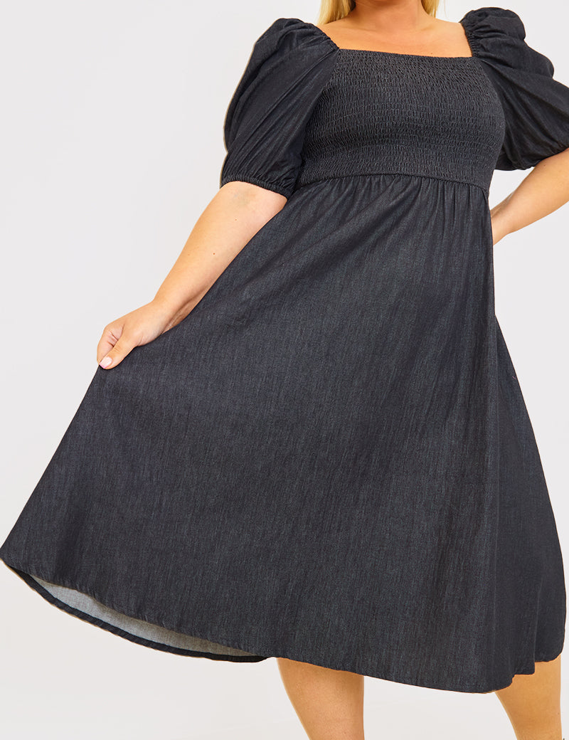 Chambray Shirred Balloon Sleeve Maxi Dress