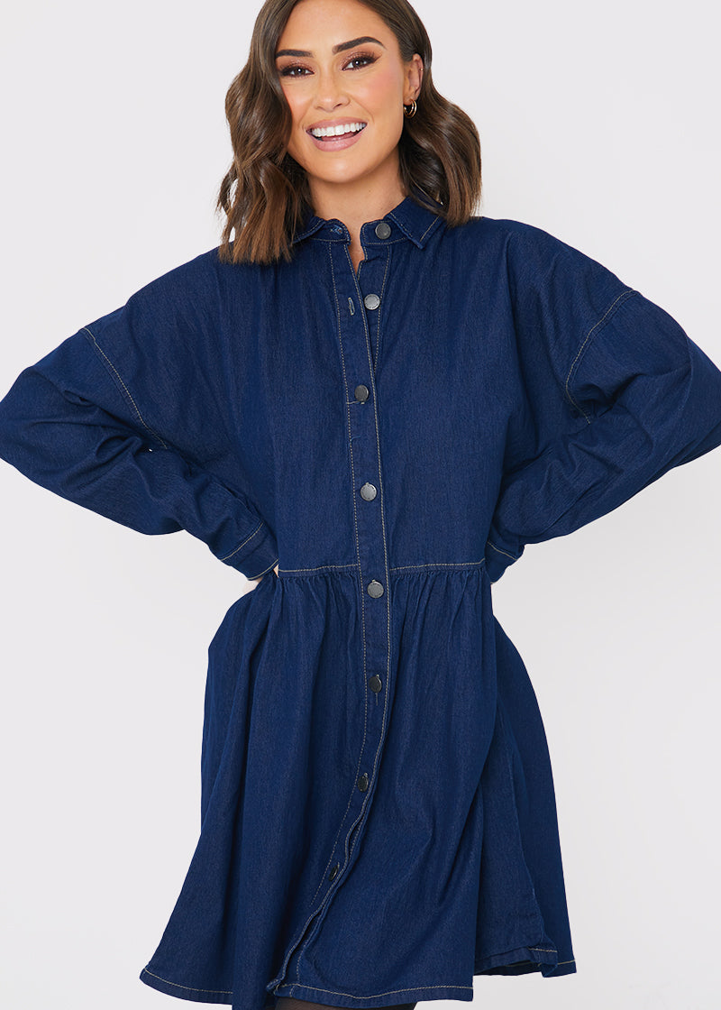 Dark Wash Denim Mini Smock Shirt Dress