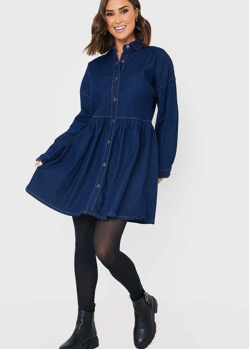 Dark Wash Denim Mini Smock Shirt Dress