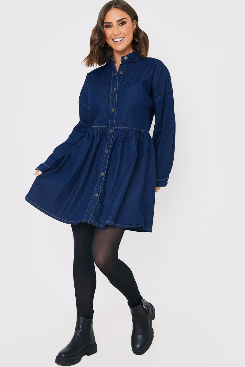 Dark Wash Denim Mini Smock Shirt Dress InTheStyle Dark Wash Denim Mini Smock Shirt Dress InTheStyle