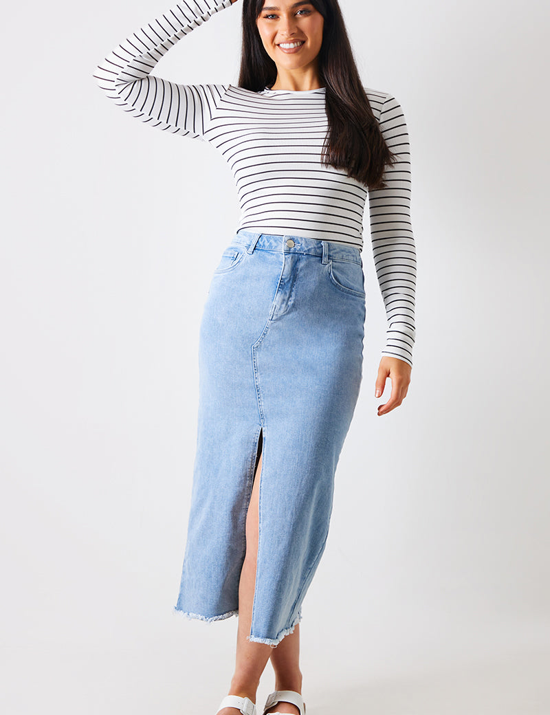 Denim Split Detail Midi Skirt