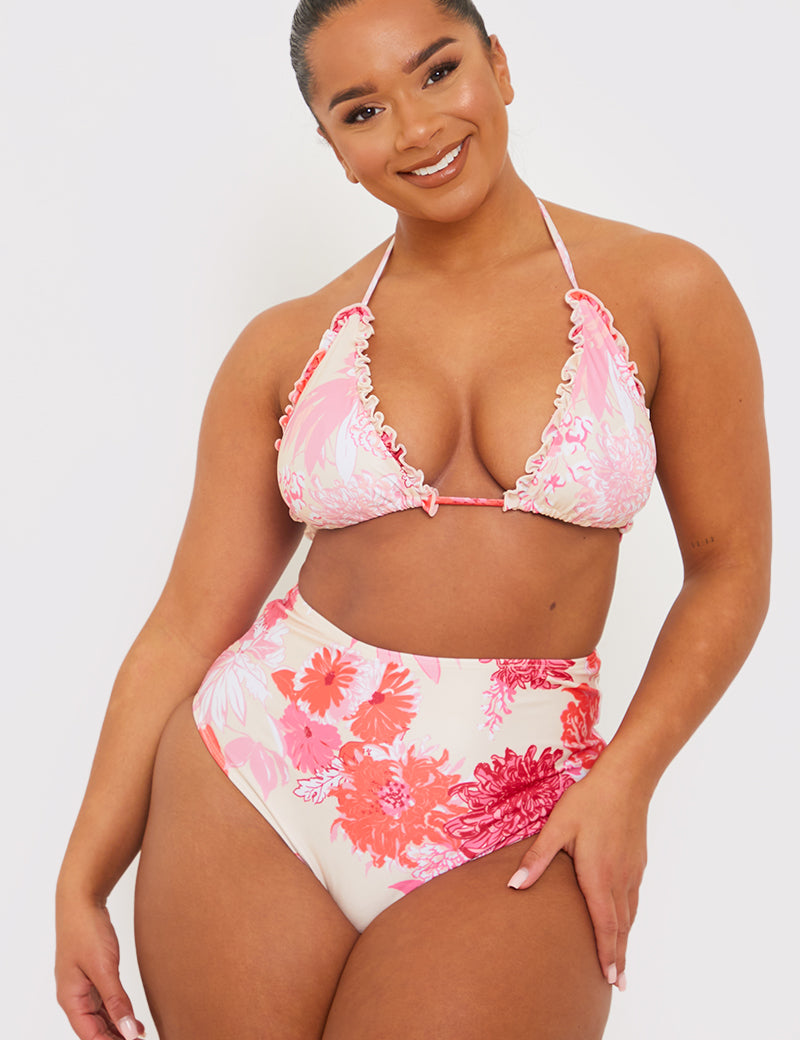 Floral Print Frill Triangle Bikini Top