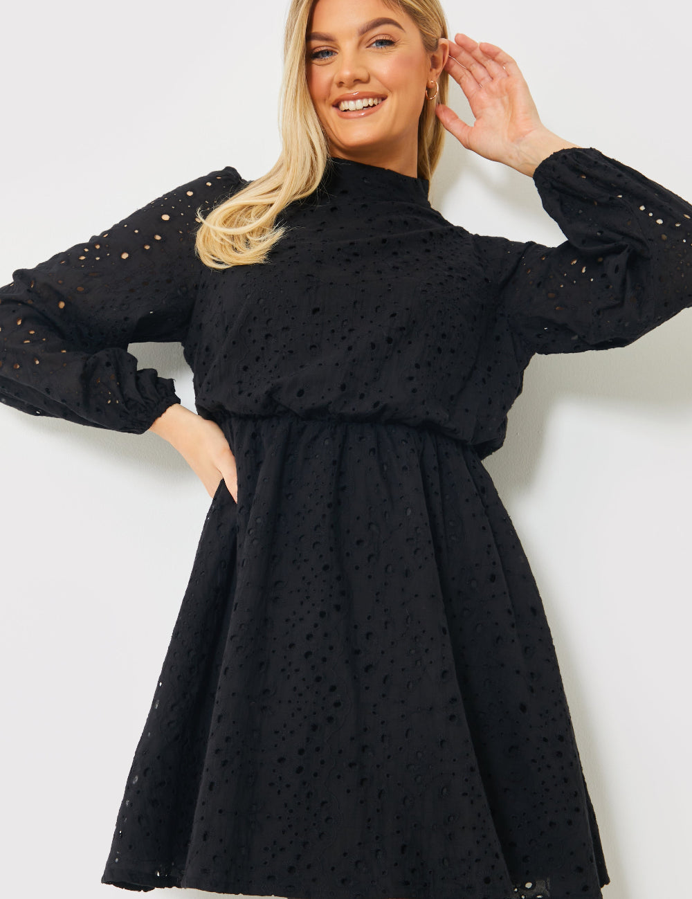 Broderie High Neck Frill Hem Mini Dress