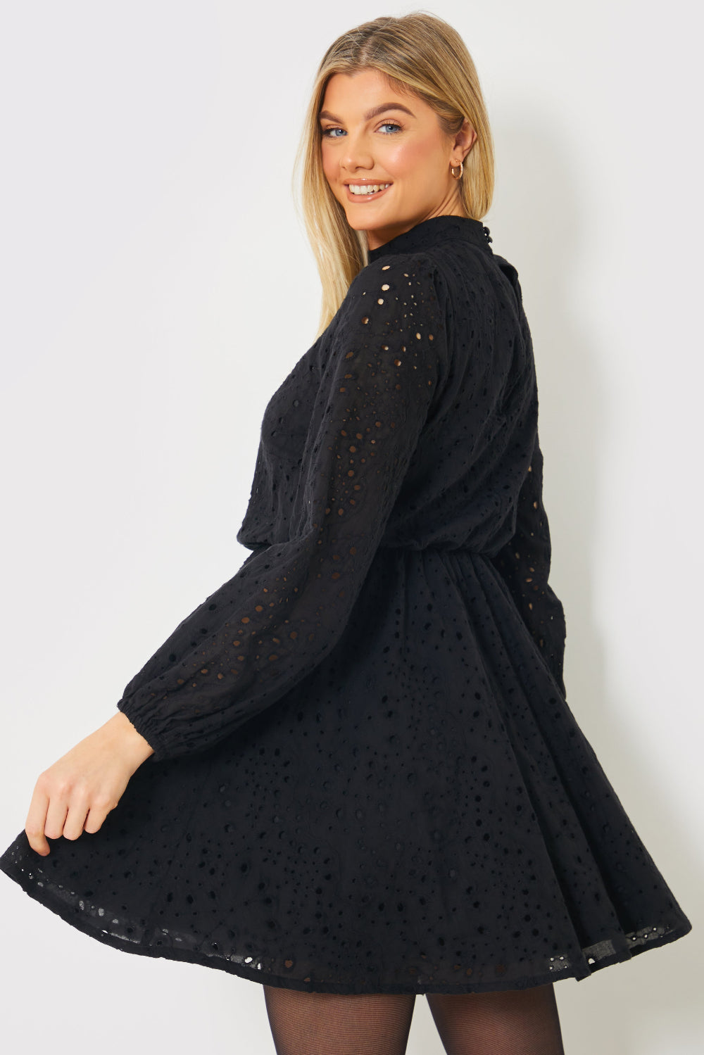Broderie High Neck Frill Hem Mini Dress