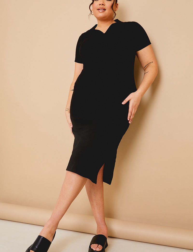 Ribbed Collare Detail Short Sleeve Midaxi Dress