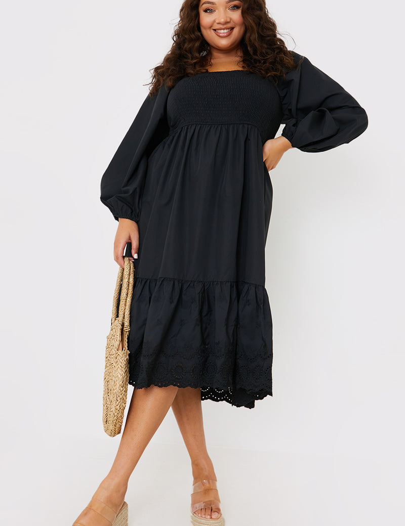 Shirred Puff Sleeve Frill Hem Midi Dress