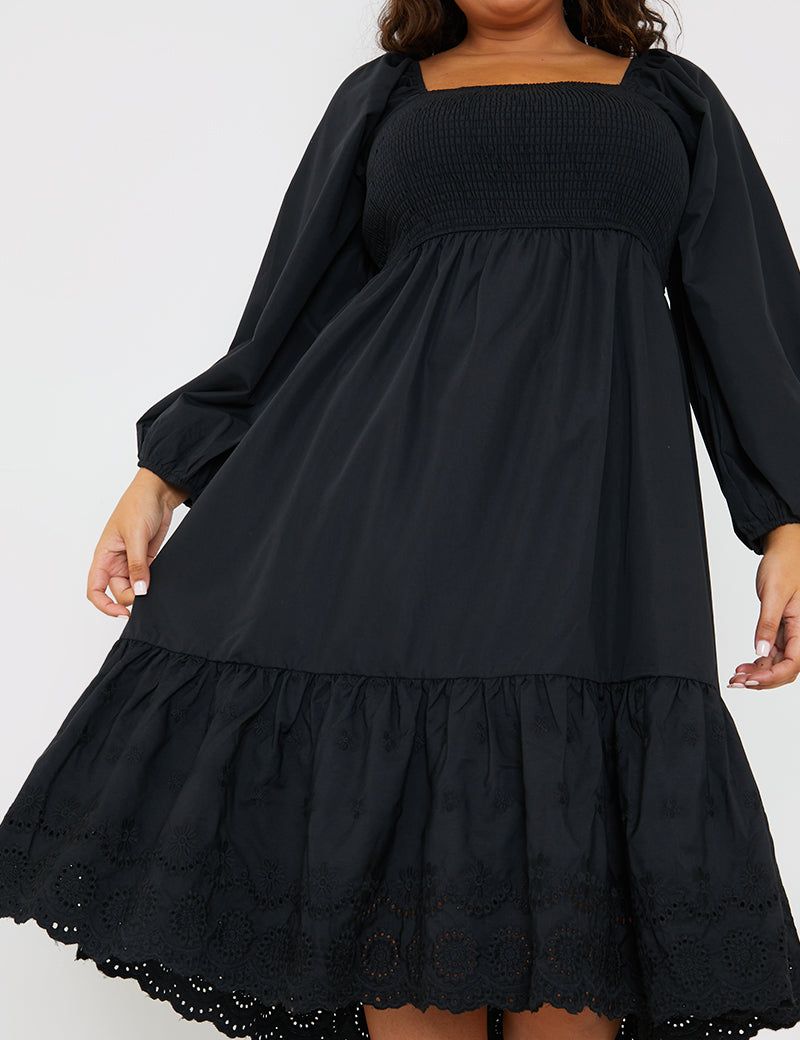 Shirred Puff Sleeve Frill Hem Midi Dress