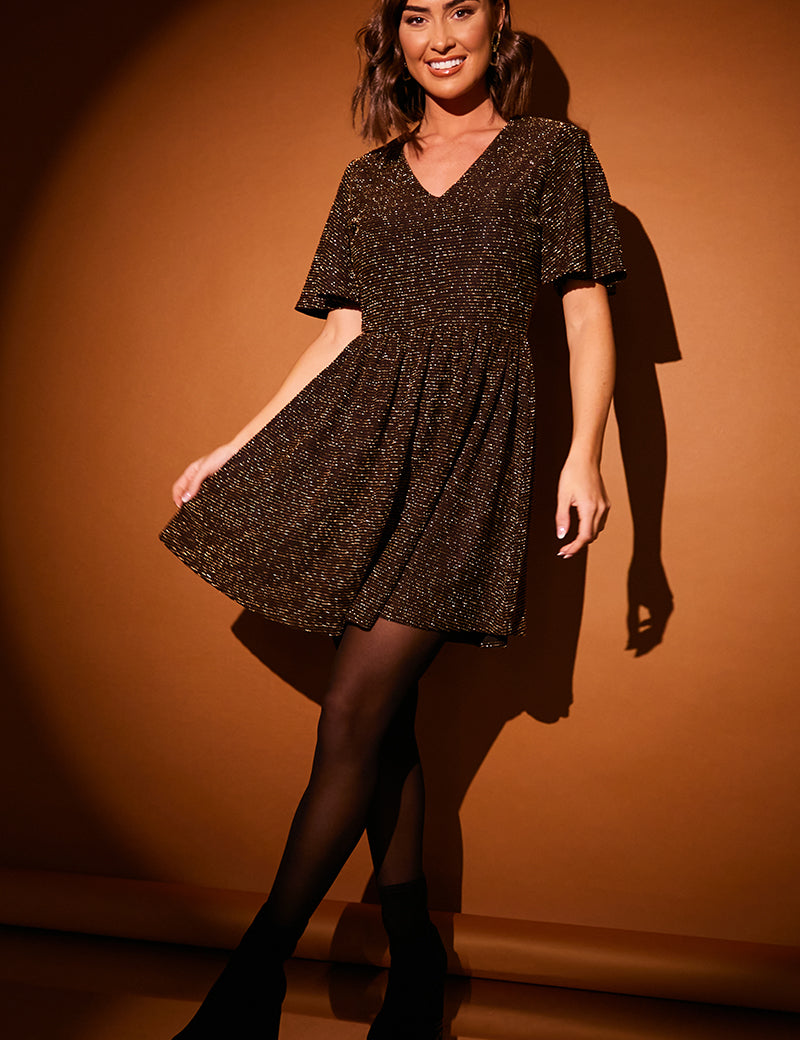 Black Stripe Lurex Flutter Sleeve Skater Dress