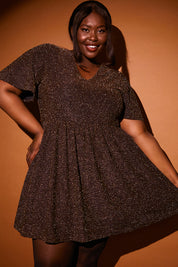Black Stripe Lurex Flutter Sleeve Skater Dress