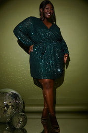 Sequin Wrap Balloon Sleeve Mini Dress