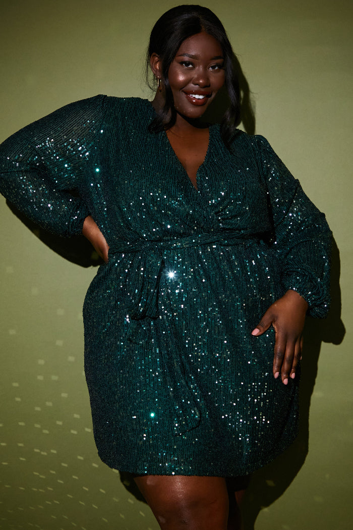 Sequin Wrap Balloon Sleeve Mini Dress