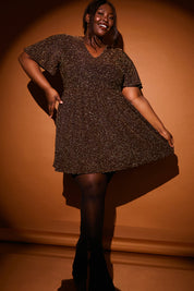 Black Stripe Lurex Flutter Sleeve Skater Dress
