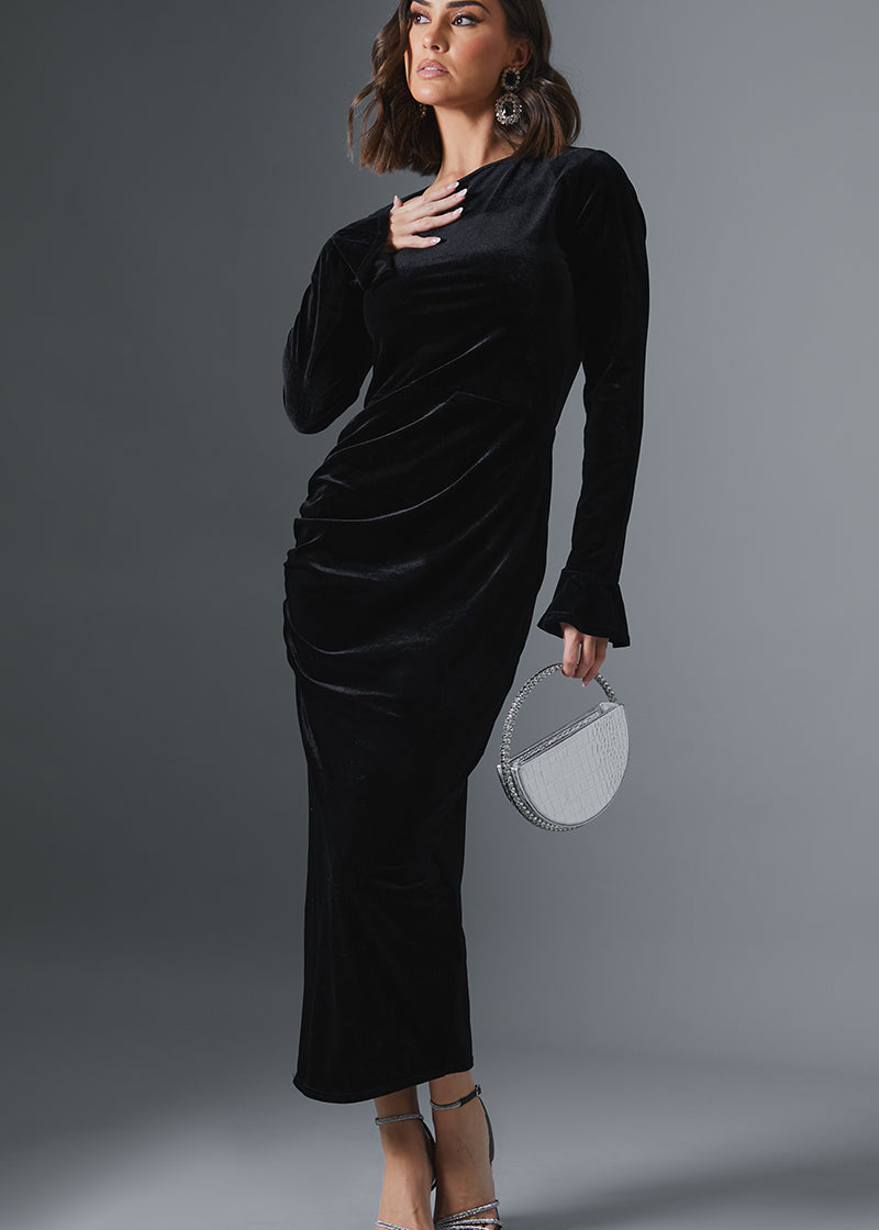 Velvet Asymmetric Midi Dress With Flared Cuff