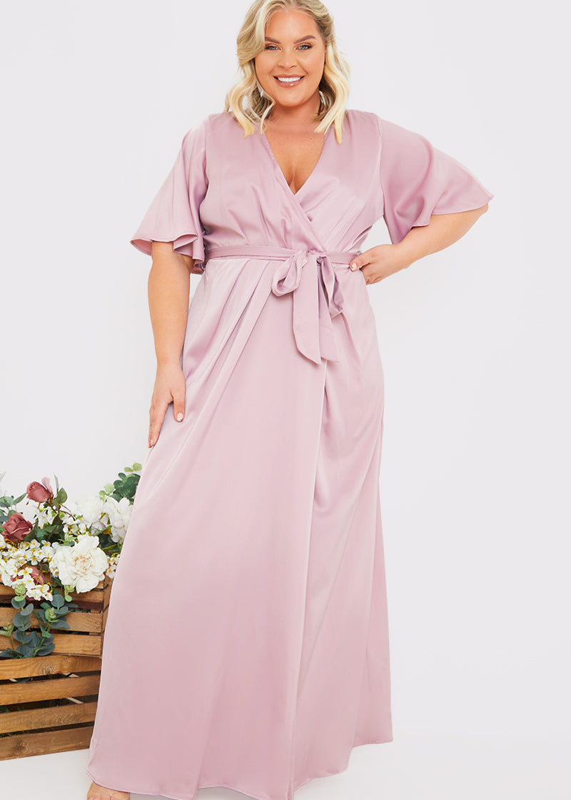 Satin Flutter Sleeve Tie Waist Wrap Dress