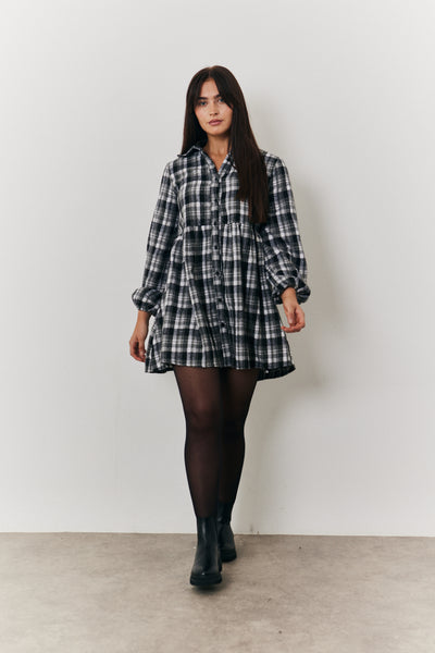 シェリエ flocky check long shirt dress shellerシェリエ flockycheck long shirt dress
